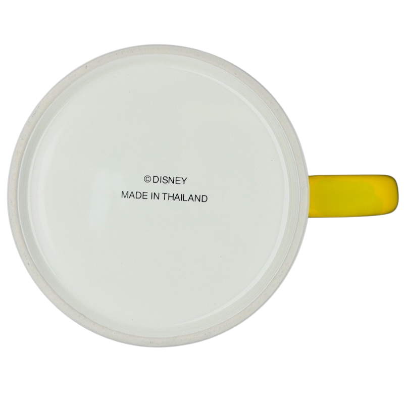 Bottom view of a Minnie Mouse Disneyland graphic font mug with a yellow handle, showcasing Disney branding