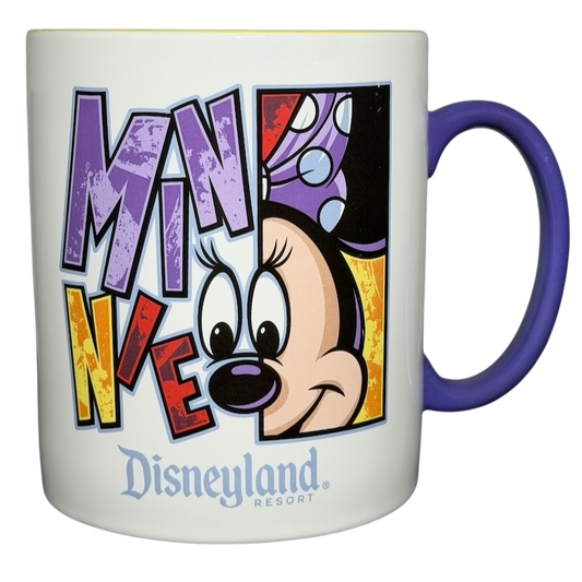Minnie Mouse Disneyland graphic font mug featuring colorful lettering and iconic character design