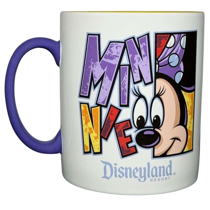 Minnie Mouse Disneyland graphic font mug featuring colorful lettering and classic character design