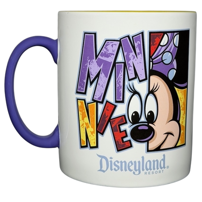 Minnie Mouse Disneyland graphic font mug featuring colorful lettering and classic character design