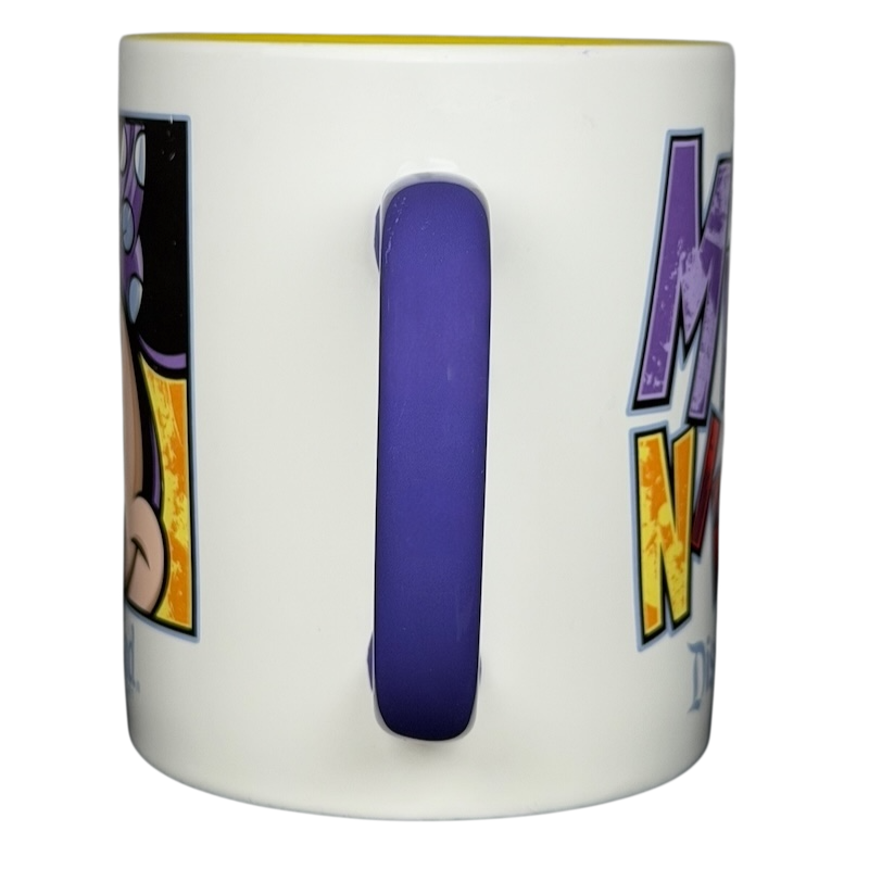 Disney Minnie Mouse Disneyland graphic font mug with colorful design and a purple handle