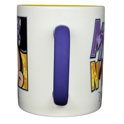 Disney Minnie Mouse Disneyland graphic font mug with colorful design and a purple handle