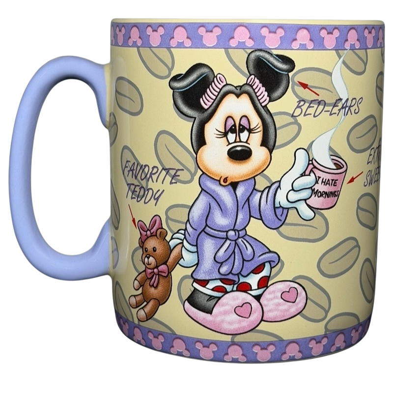 Minnie Mouse mornings aren't pretty jumbo mug featuring Minnie in a robe with teddy bear design