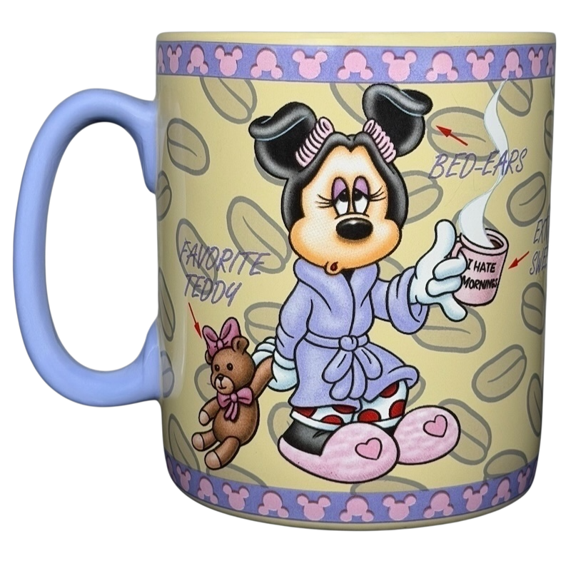 Colorful Minnie Mouse mornings aren't pretty jumbo mug featuring Minnie in a bathrobe with a teddy bear