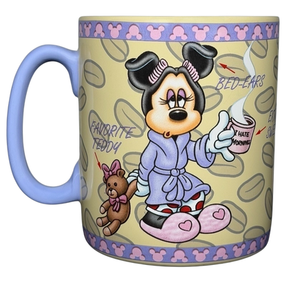 Colorful Minnie Mouse mornings aren't pretty jumbo mug featuring Minnie in a bathrobe with a teddy bear