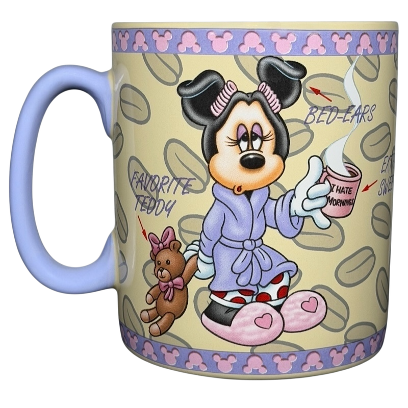 Disney Minnie Mouse mornings aren't pretty jumbo mug featuring Minnie in a robe holding a coffee cup