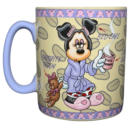 Disney Minnie Mouse mornings aren't pretty jumbo mug featuring Minnie in a robe holding a coffee cup