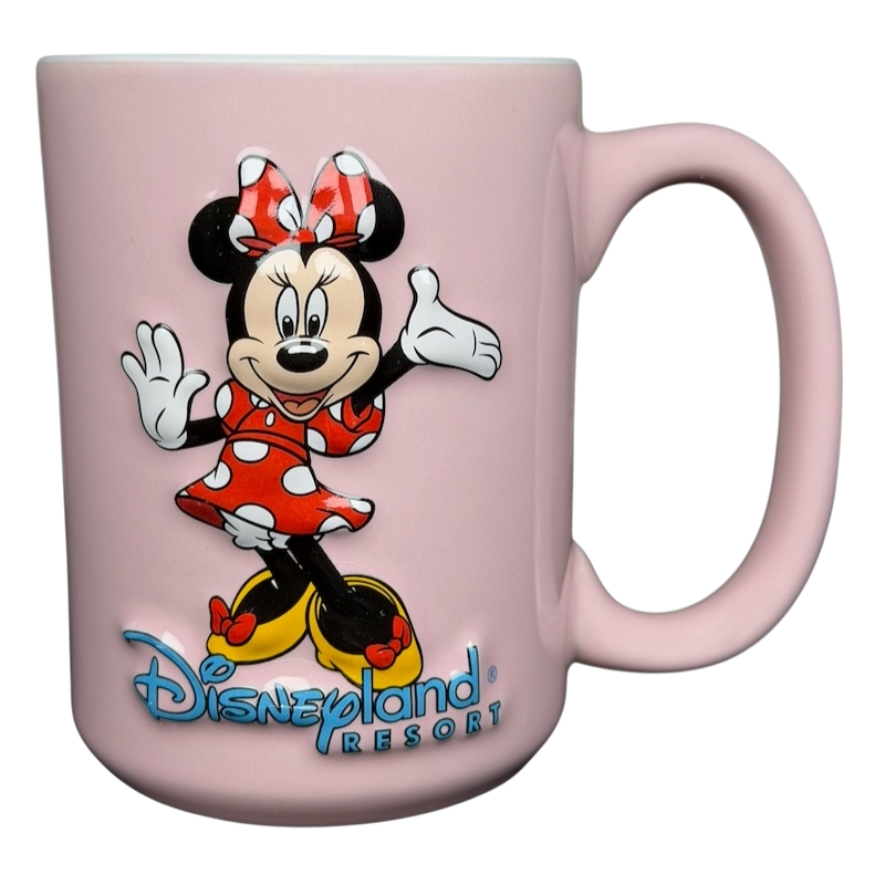 Minnie Mouse Waving Disneyland Resort Mug in pink with a vibrant Minnie Mouse design