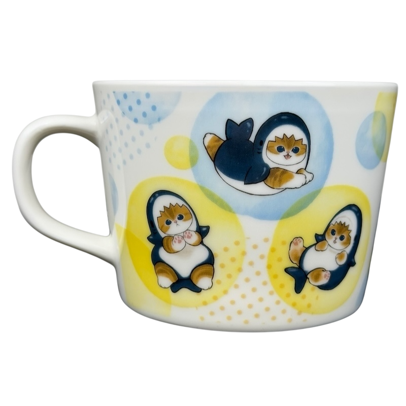 Mofusand Shark Nyan Mug Family Mart featuring cute cat and shark designs on a colorful background