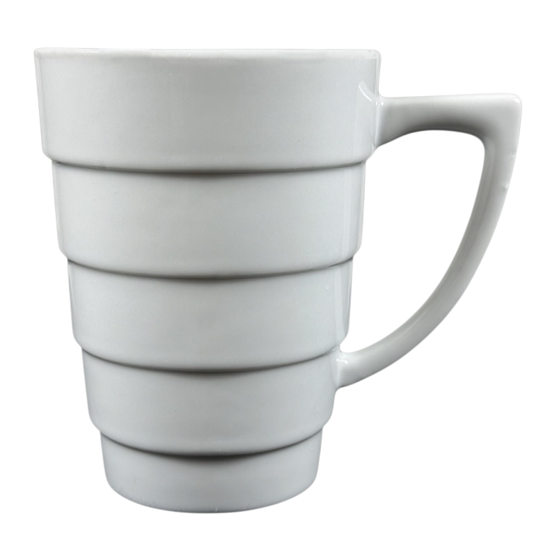 Frank Lloyd Wright vintage Guggenheim mug white ceramic stepped spiral exterior with angular handle for coffee