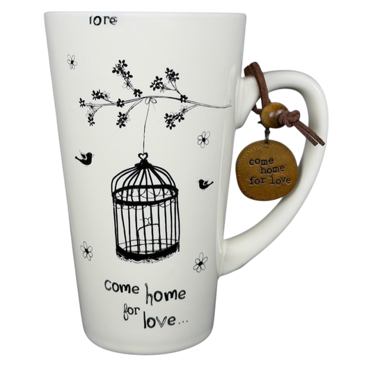 Natural Life Come Home For Love mug featuring a birdcage design and inspirational quote