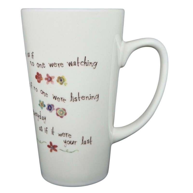 Natural Life Dance as if no one were watching mug with colorful floral designs and inspirational text