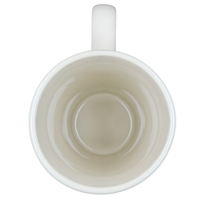 Inside view of white ceramic mug with Dance as if no one were watching design for coffee lovers