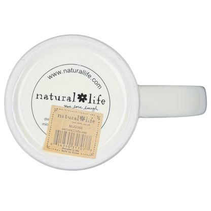 Bottom view of Natural Life Do More Of What Makes You Happy mug showing logo and tag details