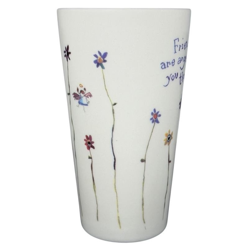 Natural Life Friends Are Angels mug with colorful flowers and inspirational text design