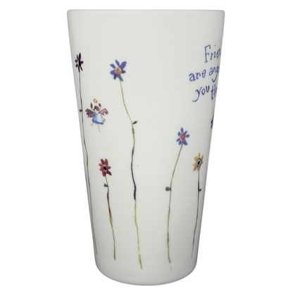 Natural Life Friends Are Angels mug with colorful flowers and inspirational text design