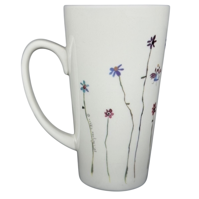 Natural Life Friends Are Angels mug with colorful flower designs on a white background