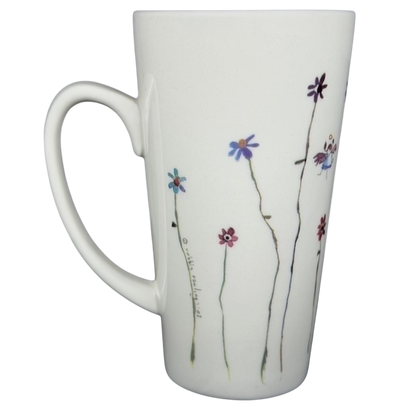 Natural Life Friends Are Angels mug with colorful flower designs on a white background