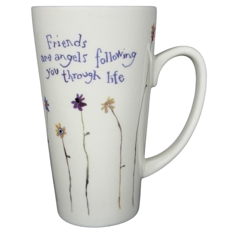 Natural Life Friends Are Angels mug featuring colorful flowers and an inspirational quote