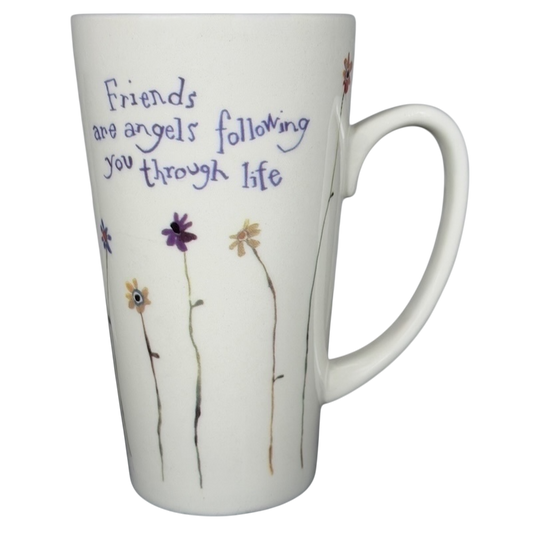 Natural Life Friends Are Angels mug featuring colorful flowers and an inspirational quote