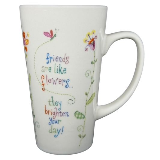 Natural Life Friends Are Like Flowers mug with colorful floral design and uplifting quote