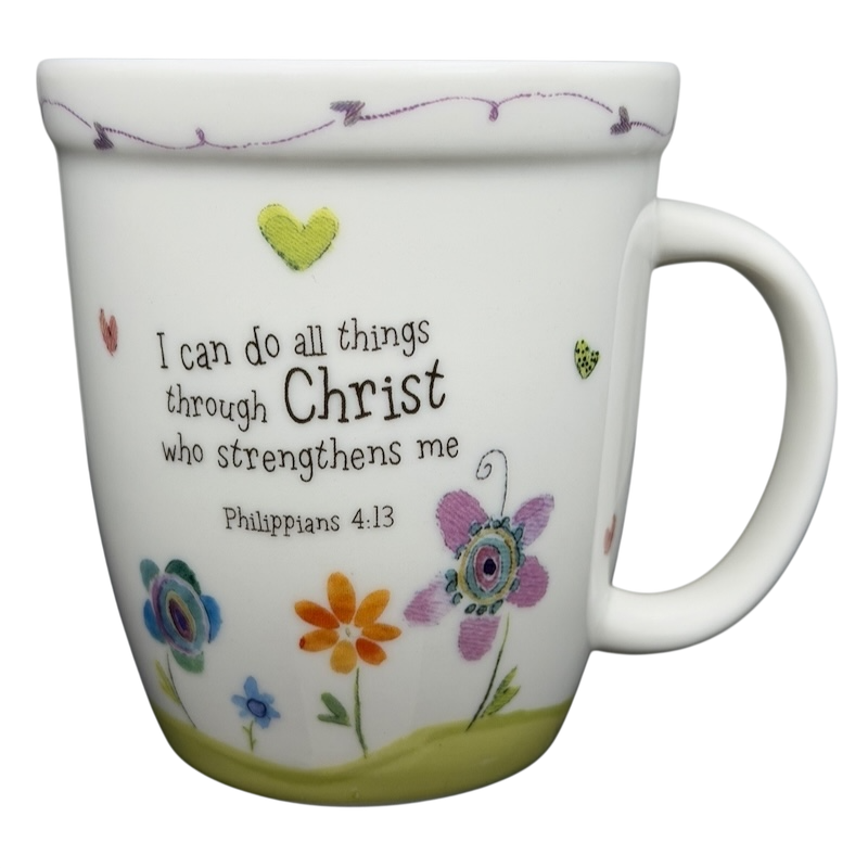 I Can Do All Things Through Christ Natural Life mug with colorful flowers and uplifting design