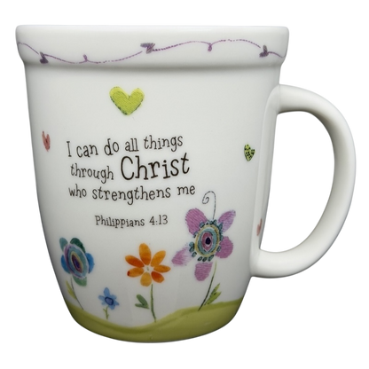 I Can Do All Things Through Christ Natural Life mug with colorful flowers and uplifting design
