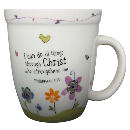 I Can Do All Things Through Christ Natural Life mug with colorful floral design and inspirational quote