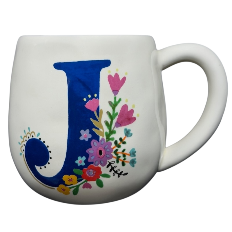 Letter 'J' Monogram Initial Cup Of Happy Mug Natural Life with colorful floral designs