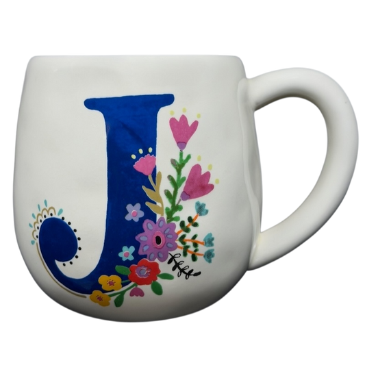 Letter 'J' Monogram Initial Cup Of Happy Mug Natural Life with colorful floral designs
