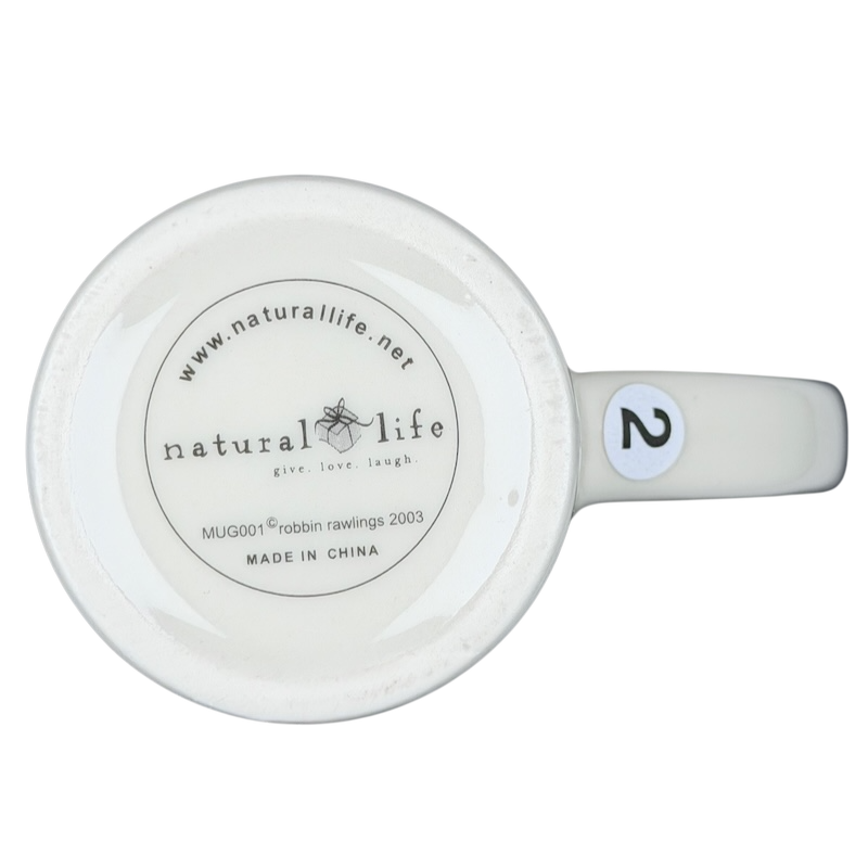 Bottom view of the Natural Life Life is Good mug showing logo and manufacturing details