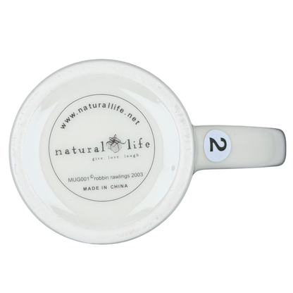 Bottom view of the Natural Life Life is Good mug showing logo and manufacturing details