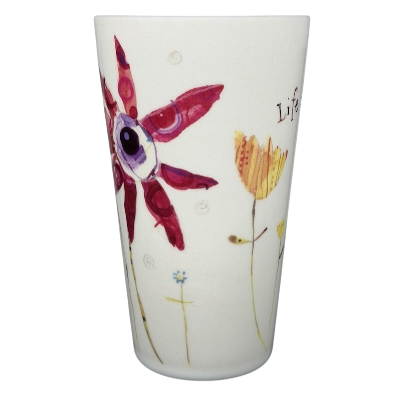 Natural Life Life is Good mug featuring colorful floral designs for a cheerful coffee experience