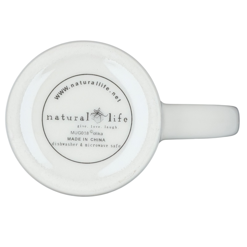 Bottom view of Natural Life mother is a friend mug showcasing the brand and care instructions