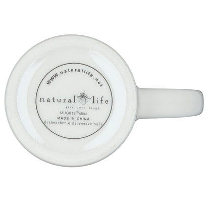Bottom view of Natural Life mother is a friend mug showcasing the brand and care instructions