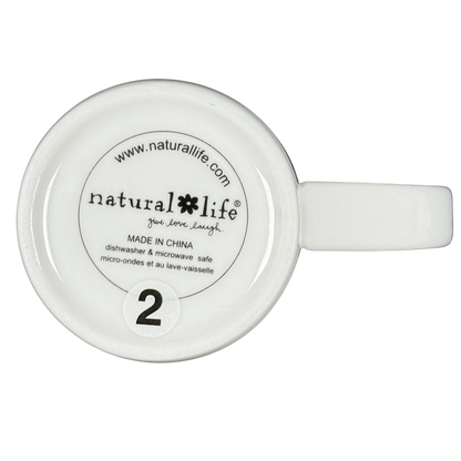 Bottom view of white mug with Natural Life logo and markings handle visible perfect world Natural Life cat mug