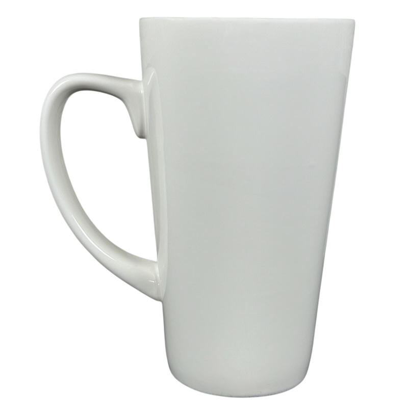 Tall white ceramic latte mug with large handle on black background perfect world Natural Life cat mug
