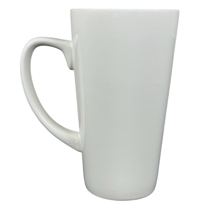 Tall white ceramic latte mug with large handle on black background perfect world Natural Life cat mug