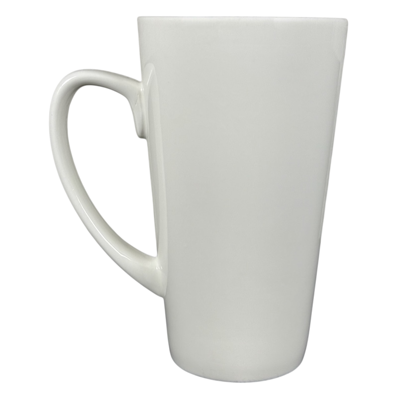 Tall white ceramic mug with curved handle on black background perfect world Natural Life cat mug