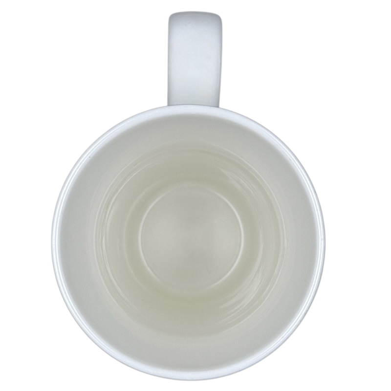 Top view of white ceramic perfect world Natural Life cat mug empty on black background with glossy interior