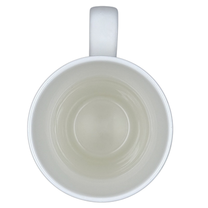 Top view of white ceramic perfect world Natural Life cat mug empty on black background with glossy interior