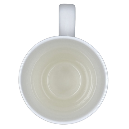Top view of empty white perfect world Natural Life cat mug with handle at top on black background