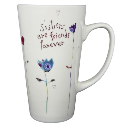 Natural Life Sisters Are Friends Forever mug with colorful floral designs and heartfelt message