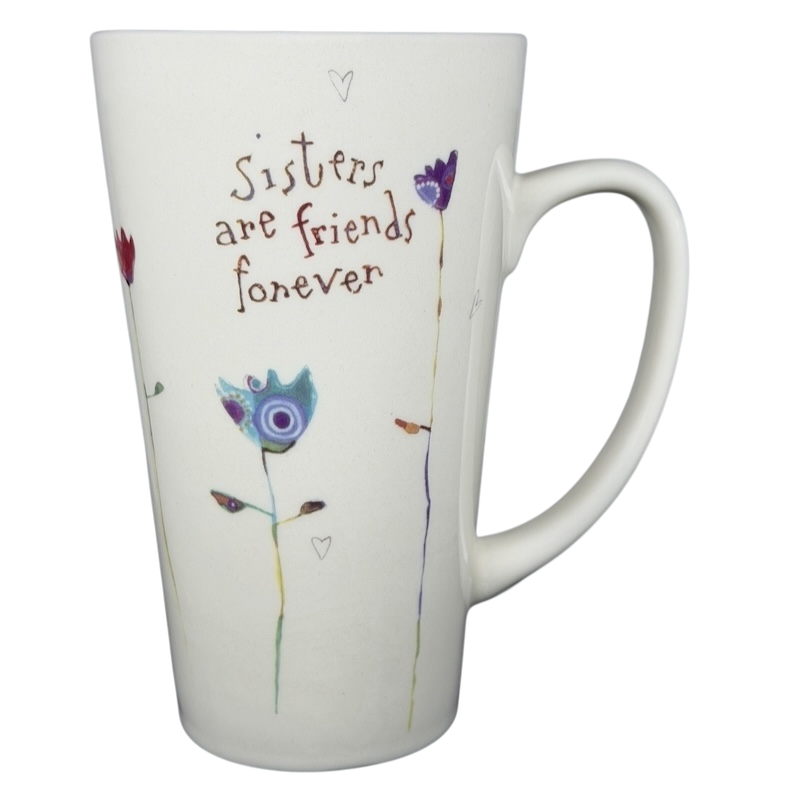 Natural Life Sisters Are Friends Forever mug with colorful flower designs and heartfelt message