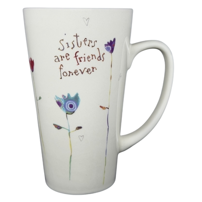 Natural Life Sisters Are Friends Forever mug with colorful flower designs and heartfelt message