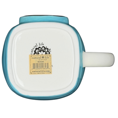 Bottom view of Natural Life Stop Smile Breathe Life Is Beautiful retro camera mug with branding and tag