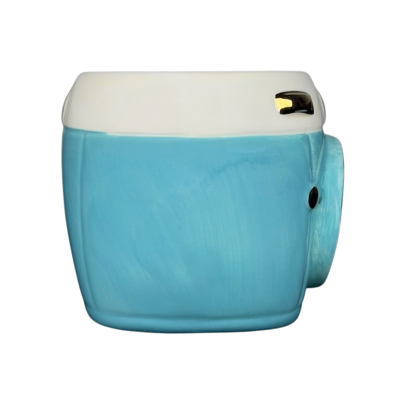 Natural Life Stop Smile Breathe Life Is Beautiful retro camera mug in teal with playful design
