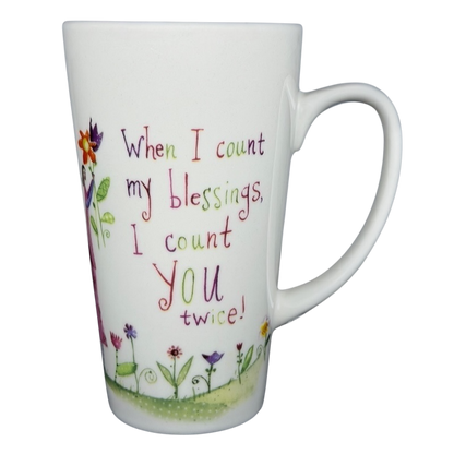 Natural Life When I Count My Blessings mug with colorful floral design and heartfelt message