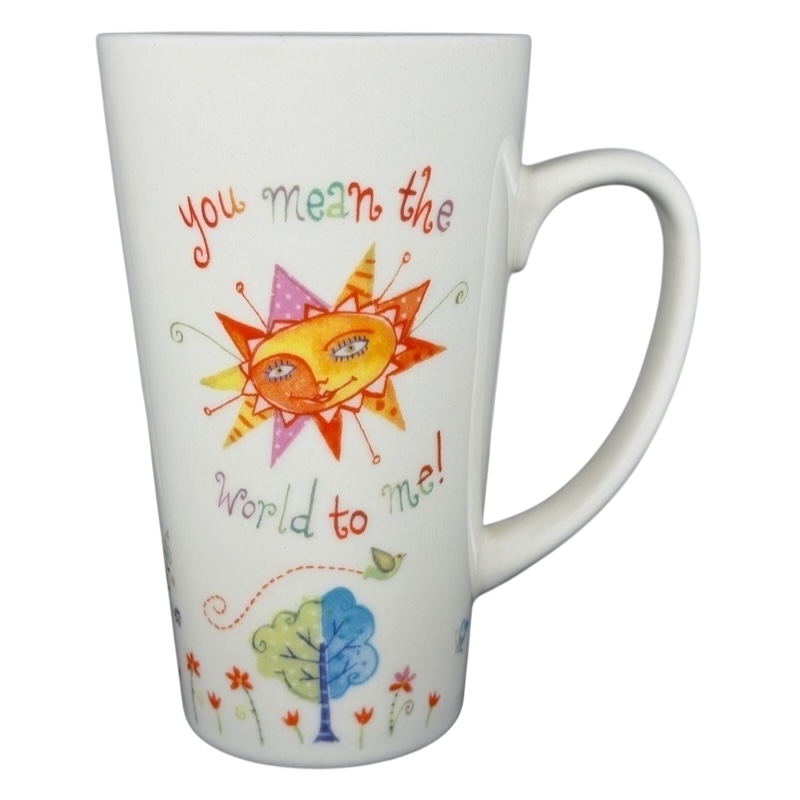 Natural Life You Mean The World To Me mug with colorful sun and floral design