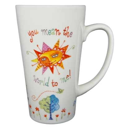 Natural Life You Mean The World To Me mug with colorful sun and tree design, perfect for gift giving
